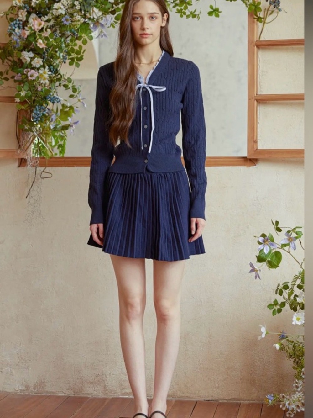 Rosie Posie Navy Pleated Mini Skirt  and Cardigan